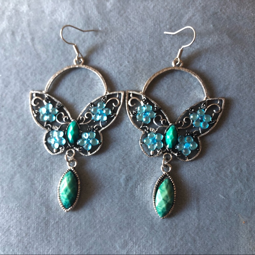 2/$20 Teal Turquoise Butterfly Earrings Silver Tone Long - Picture 4 of 6